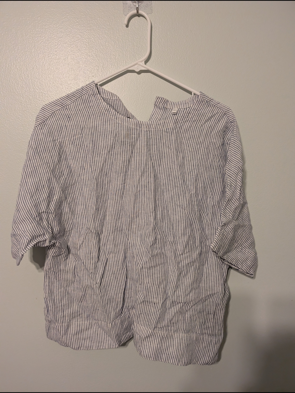 Muji White and Navy Striped Linen-Blend Blouse